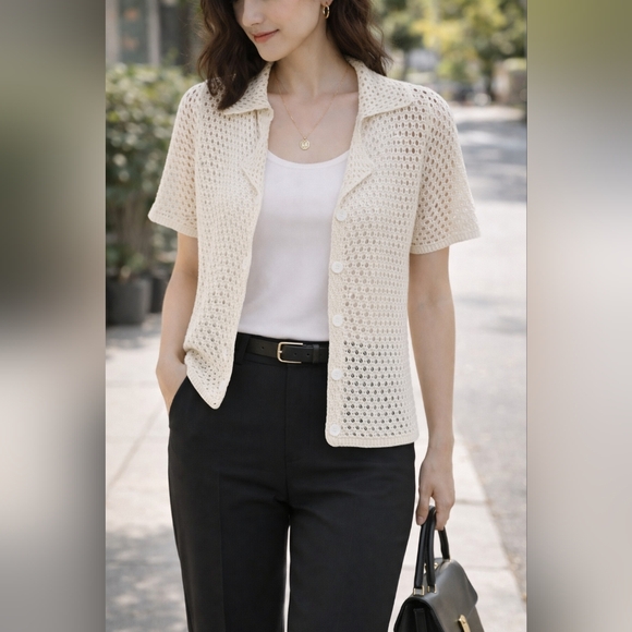 Source Unknown Tops - Vintage Inspired Crochet Top Cottagecore Boho Button Up Coastal Layering Shirt